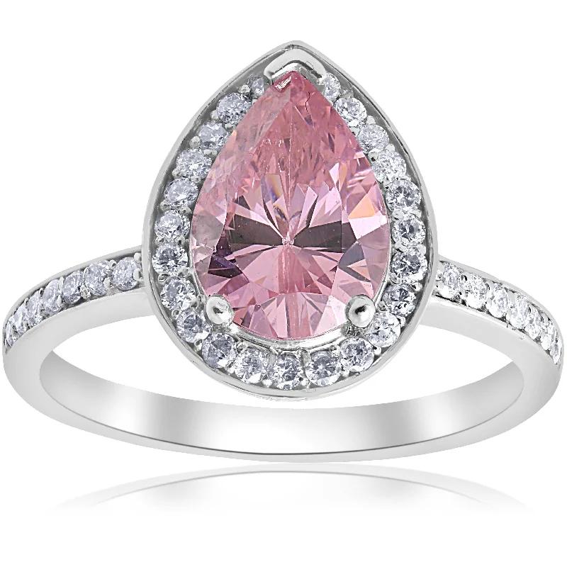 Rings with spiral designs for eye-catching twist -4 1/10ct Pink Tourmaline & Diamond Halo Ring 14K White Gold 7