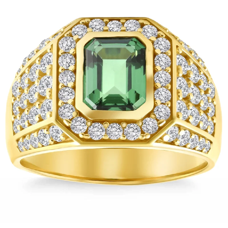 Rings with citrine stones for sunny vibes -4 1/2Ct Emerald & Diamond Men's Ring 10k Yellow Gold Lab Grown