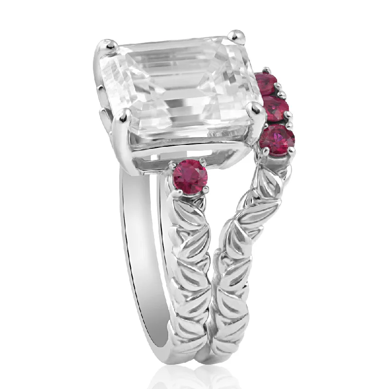 Rings with hammered silver for rustic appeal -5 1/2Ct Ruby & Emerald Cut Moissanite Petite Leaf Engagement Set in Gold