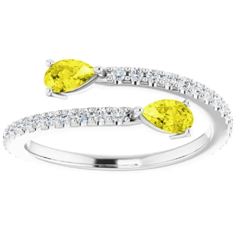 Rings with hexagon-cut stones for trendiness -5/8 Ct Fancy Yellow Pear Shape Diamond 2-Stone By Pass Ring Lab Grown White Gold