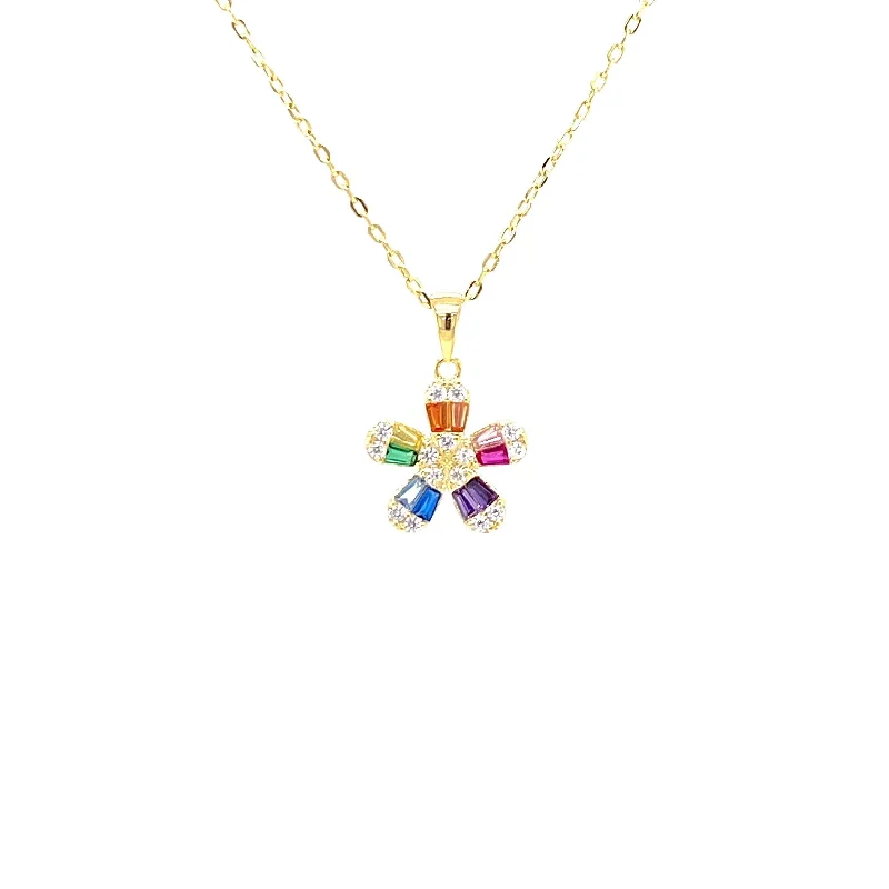 Necklaces and pendants with sun and moon motifs for a celestial-inspired design-5 Petal Flower Necklace With Multicolored CZ Stones