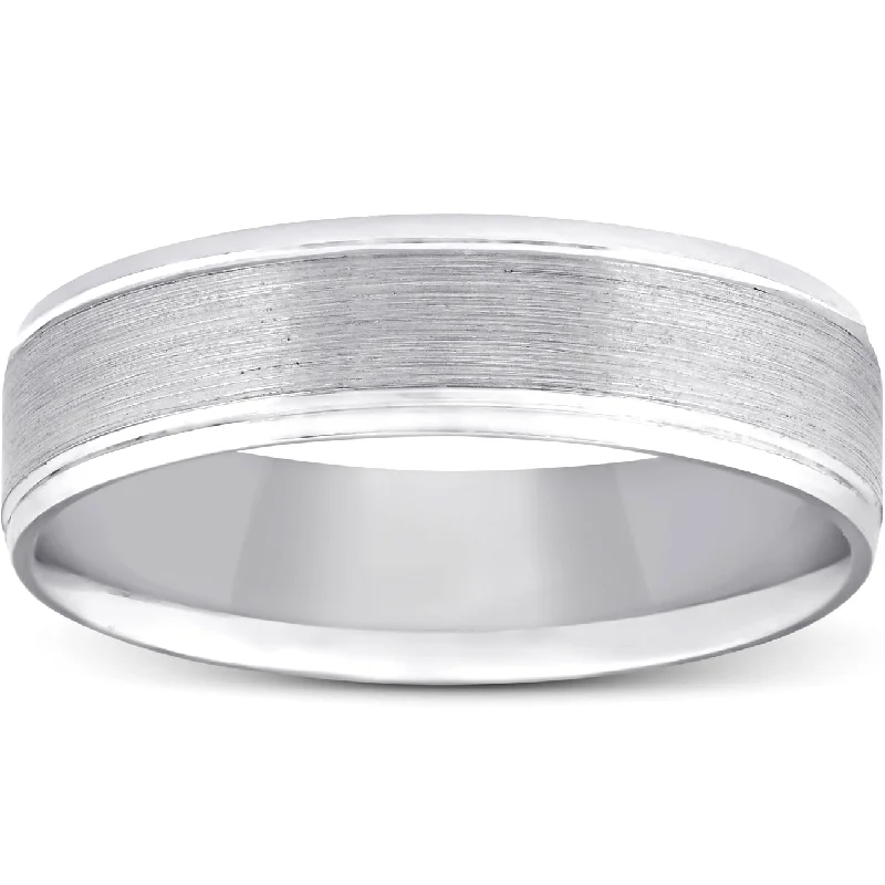 Rings with hammered silver for rustic appeal -5mm Flat Brushed Mens Wedding Band 10K White Gold Size Selectable