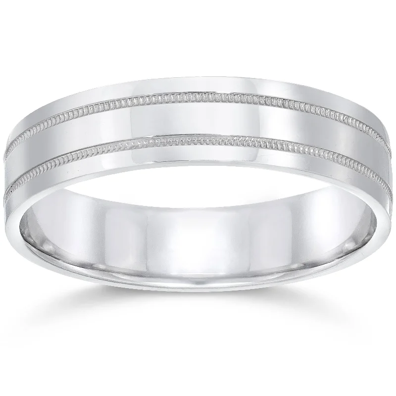 Rings with hammered silver for rustic appeal -5mm Flat Double Milgrain Wedding Band 10K White Gold Size Selectable