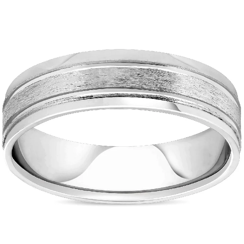 Rings with star sapphire for unique glow -6mm  Mens Brushed Flat Wedding Band 10K White Gold Size Selectable