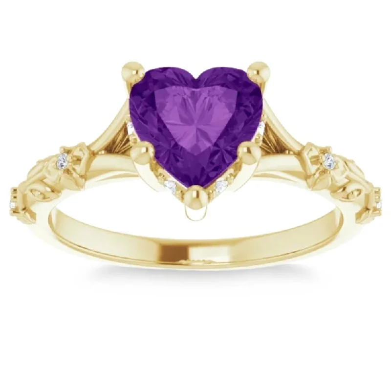 Rings with aquamarine stones for ocean charm -7mm Amethyst Vintage Diamond Heart Shape Leaf Ring in 14k White or Yellow Gold