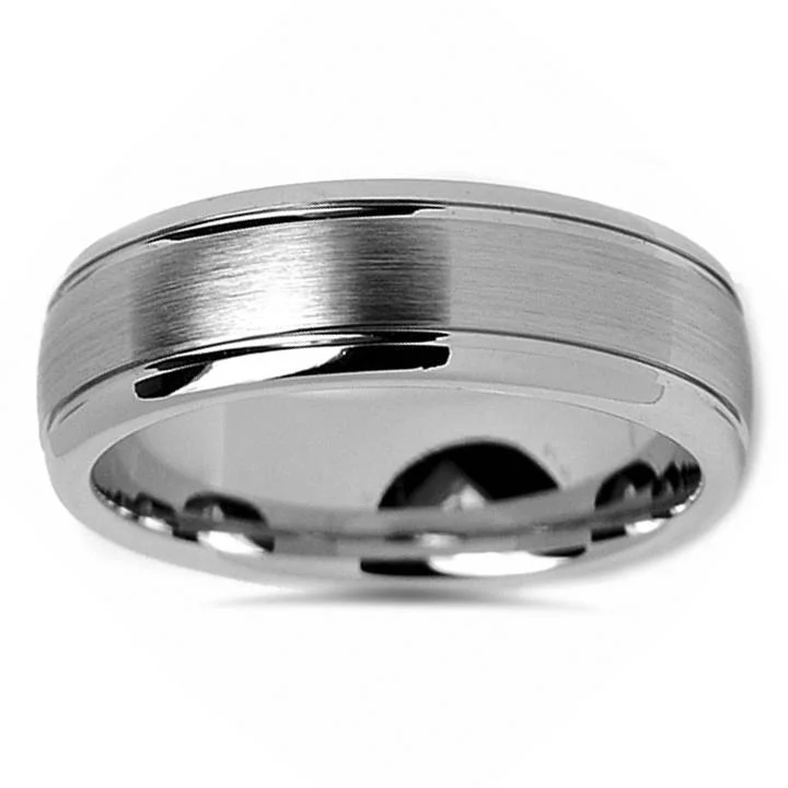 Titanium rings with rugged brushed metal look -7mm Brushed Mens Wedding Band 14K White Gold