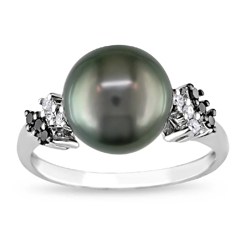 Rings with carved turquoise for artistic flair -9-10 MM Tahitian Cultured Pearl 1/8ct TDW Black and White Diamond Ring in 10k White Gold by Miadora