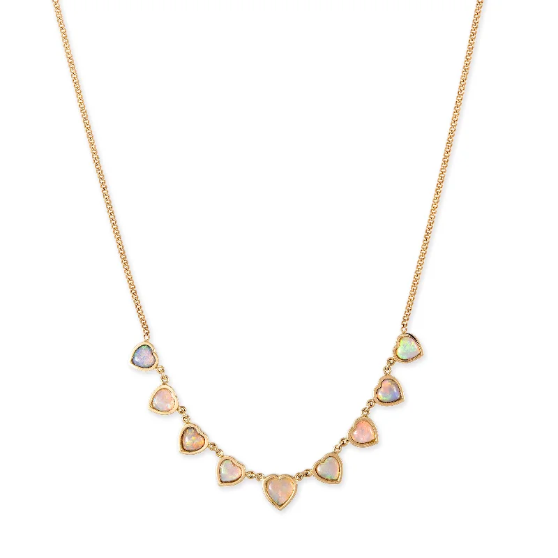 Fashionable necklaces and pendants with birthstones for a personalized gift idea-9 GRADUATED OPAL BEZEL HEART CURB CHAIN NECKLACE