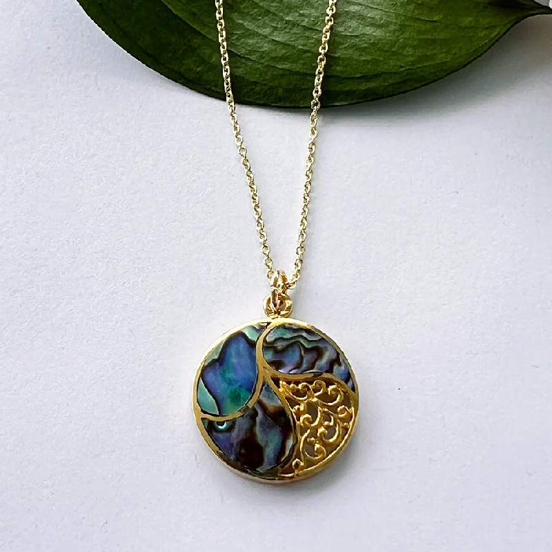 Best necklaces and pendants with opal gemstones for an iridescent glow-Abalone Filigree Necklace - Brass, Indonesia