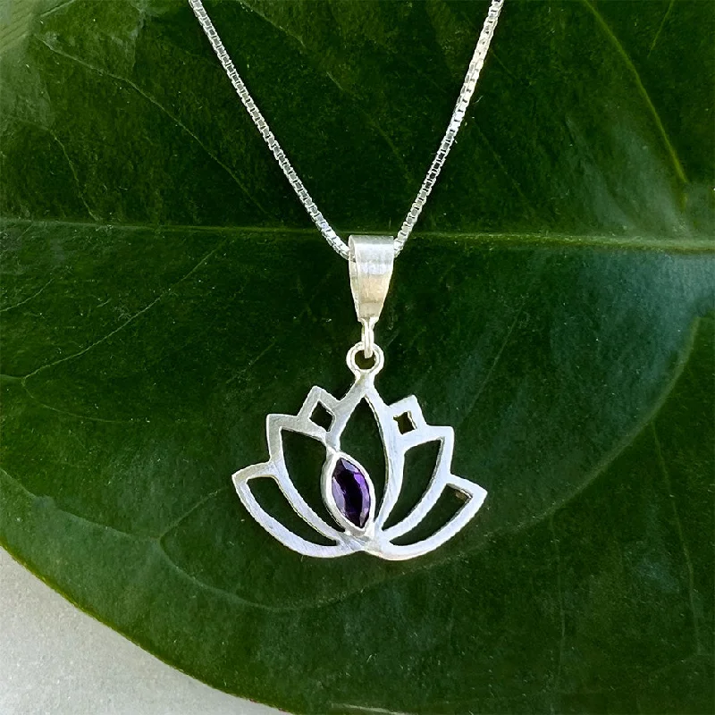 Necklaces and pendants with sun and moon motifs for a celestial-inspired design-Amethyst Lotus Necklace - Sterling Silver, Indonesia