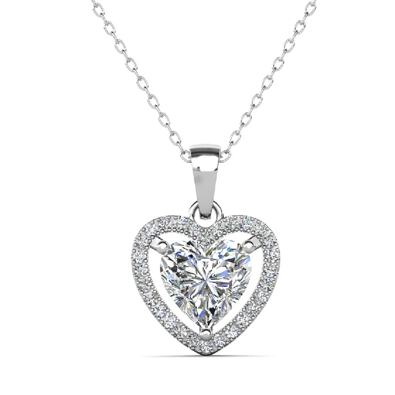 Best necklaces and pendants with crystal accents for a sparkling and elegant style-Amora 18k White Gold Plated Halo Heart Pendant Necklace with Simulated Diamond Crystals