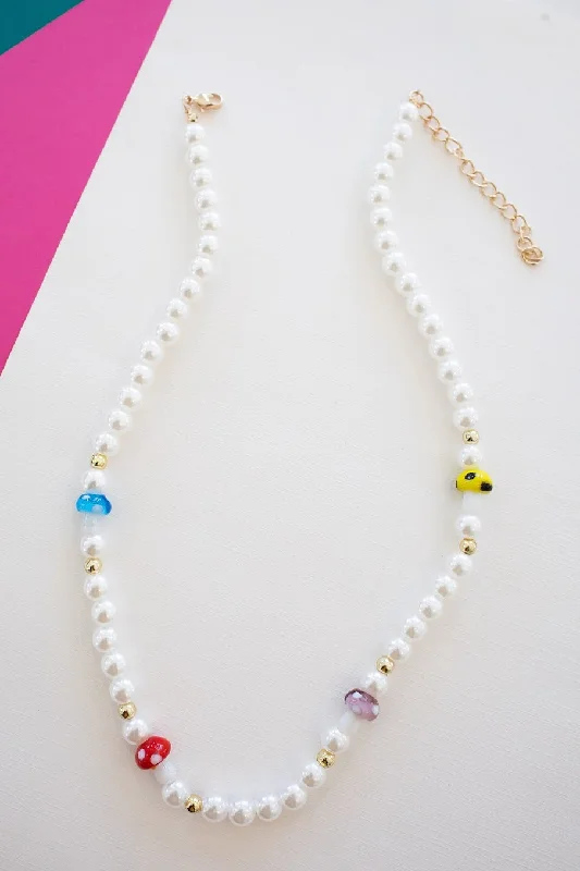 Best necklaces and pendants with minimalist pendants for a sleek, understated look-Bitzy Pearl Necklace Strand | Whimsical Toadstool Beads | Quirky Pearl Bead with Colorful Toadstool Charms