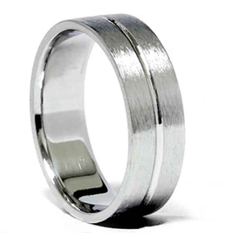 Rings with double bands for modern twist -Channel Brushed Wedding Band 14K White Gold Size Selectable