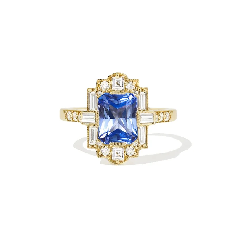 Rings with pink sapphire for delicate charm -Cornflower Blue Radiant Cut Sapphire Deco Emerald Cut Diamond Mosaic Ring