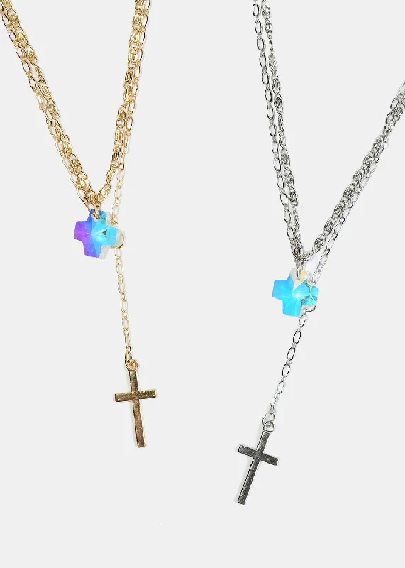 Necklaces and pendants with custom designs for a completely unique jewelry piece-Cross and Gem Layered Necklace