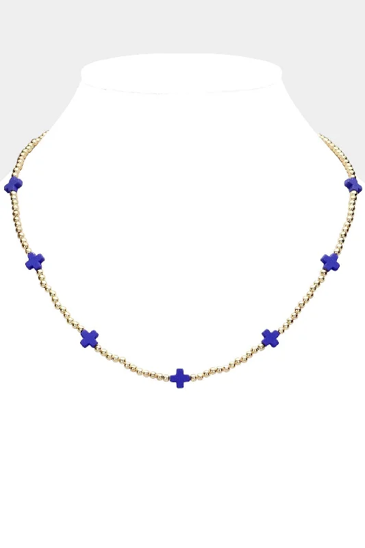 Beautiful necklaces and pendants with diamond halo settings for extra brilliance-Cross Pointed Blue Metal Ball Beaded Necklace