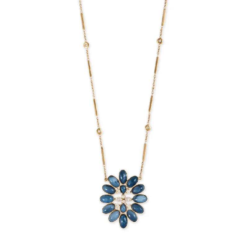 Necklaces and pendants with zodiac constellation designs for an astrological touch-DIAMOND + BLUE OPAL BLOSSOM SMOOTH BAR NECKLACE