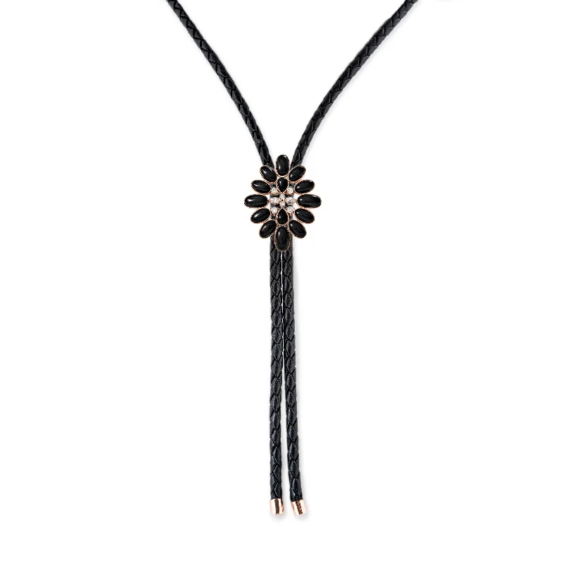 Necklaces and pendants with celestial starburst designs for a radiant look-DIAMOND + ONYX BLOSSOM LEATHER BOLO NECKLACE