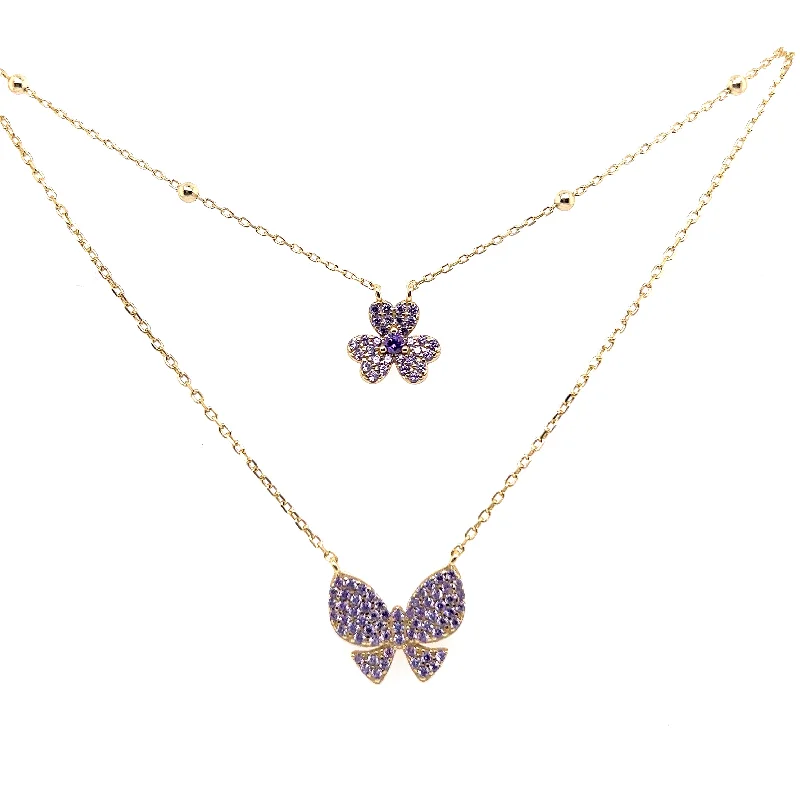 Stunning necklaces and pendants with ruby gemstones for a luxurious red hue-Double Purple Necklace With Flower and Butterfly