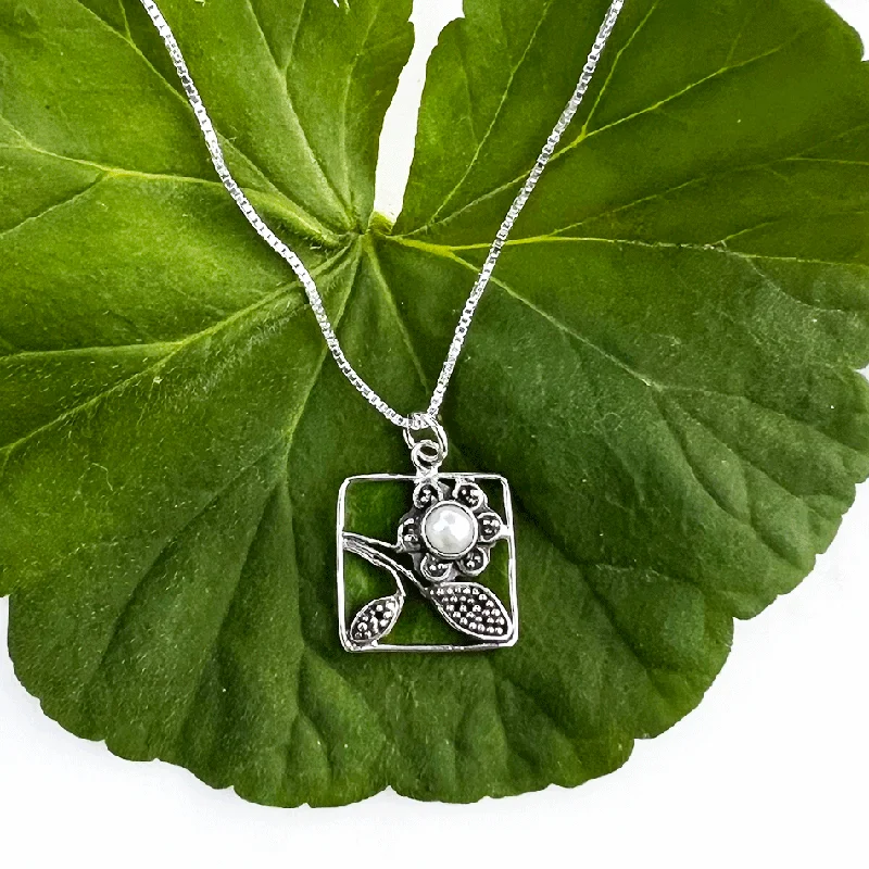 Necklaces and pendants with custom engravings for a personal, meaningful gift-Flower Box Pearl Necklace - Sterling Silver, Indonesia