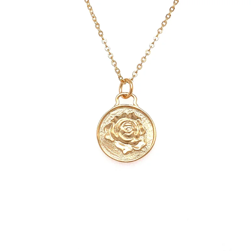 Necklaces and pendants with matching rings for a coordinated set of jewelry-Gold Necklace With Flower Embossed Design