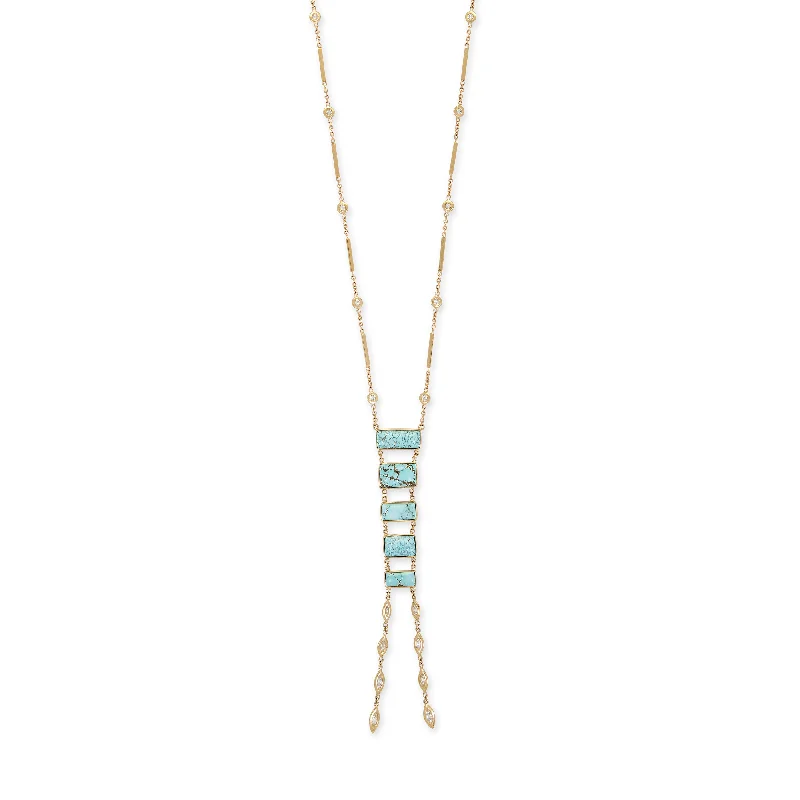 Best necklaces and pendants for everyday wear with minimalist designs-GRADUATED TURQUOISE LADDER + 8 MARQUISE DIAMOND SHOWER SMOOTH BAR NECKLACE