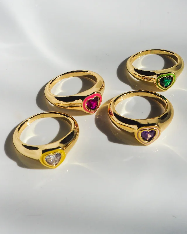 Rings with engraved constellations for stargazers -Heart Signet Ring- Hot Pink- Gold