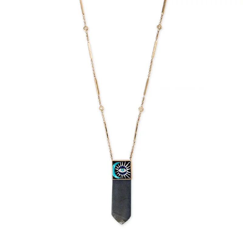 Personalized necklaces and pendants with name engravings for a custom touch-LABRADORITE CRYSTAL MOON/EYE INLAY NECKLACE