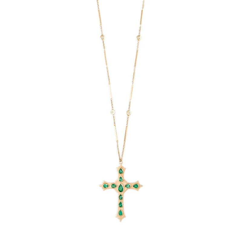 Best necklaces and pendants with silver chains for a sleek, timeless look-LARGE EMERALD TEARDROP GOTHIC CROSS SMOOTH BAR NECKLACE