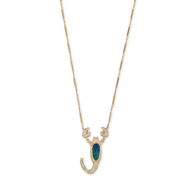 Necklaces and pendants with lock and key designs for a symbolic gesture-LARGE OPAL PAVE SCORPION SMOOTH BAR NECKLACE