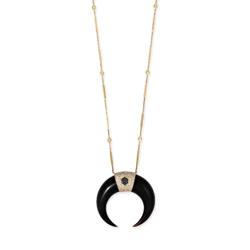 Beautiful necklaces and pendants with moonstone for an ethereal, mystical appearance-LARGE PAVE BLACK ROSE CUT CENTER DOUBLE BLACK HORN SMOOTH BAR NECKLACE