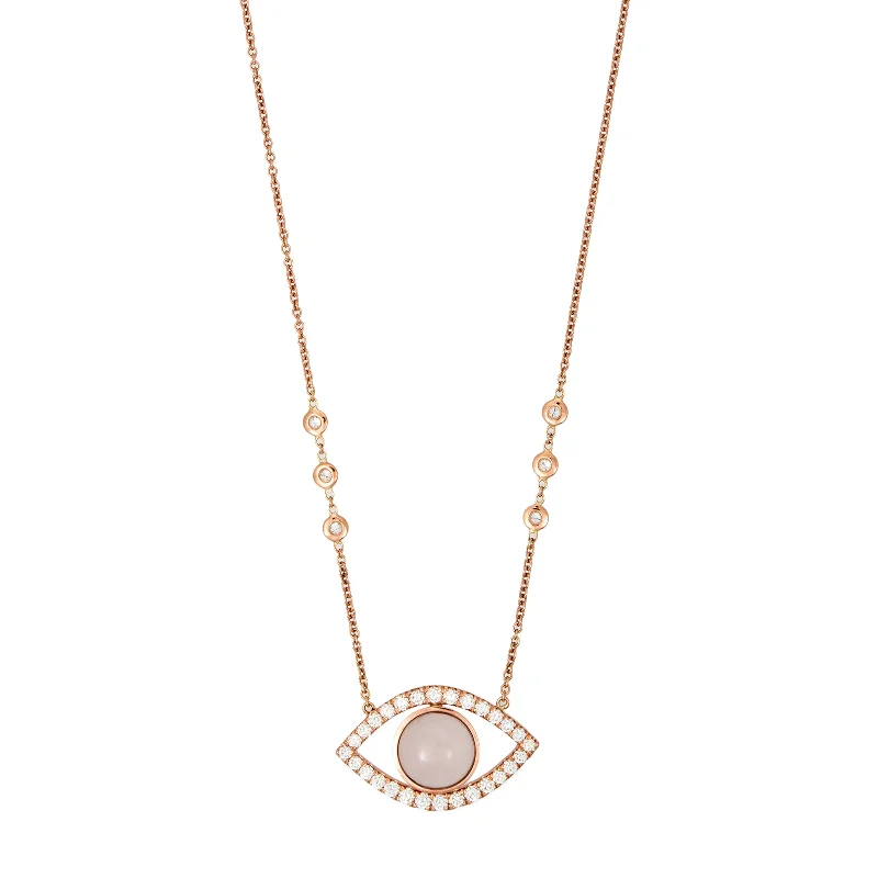 Necklaces and pendants with sun and moon motifs for a celestial-inspired design-LARGE PAVE ROSE QUARTZ CENTER OPEN EYE DIAMOND NECKLACE