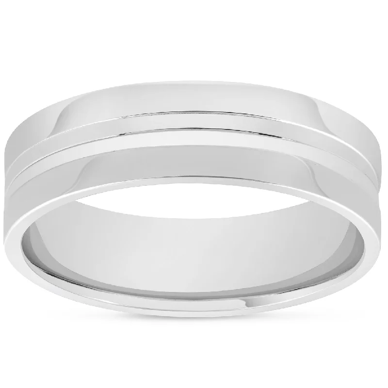 Rings with carved onyx for bold sleekness -Mens 10k White Gold 6mm Band High Polished Concave Groove Accent Wedding Ring