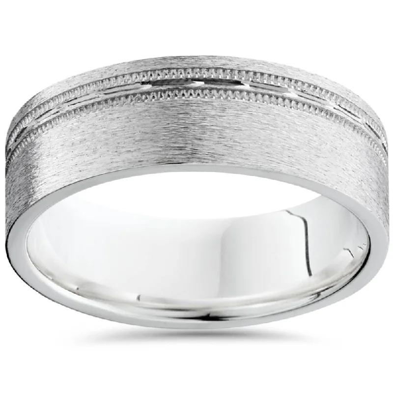 Rings with floral halo diamond arrangements -Mens 14K White Gold 6mm Facet Comfort Fit Wedding Band Size Selectable