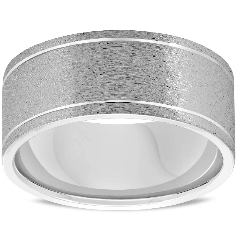 Rings with carved onyx for bold sleekness -Mens 14K White Gold Comfort Fit Brushed New Wedding Ring Band Size Selectable