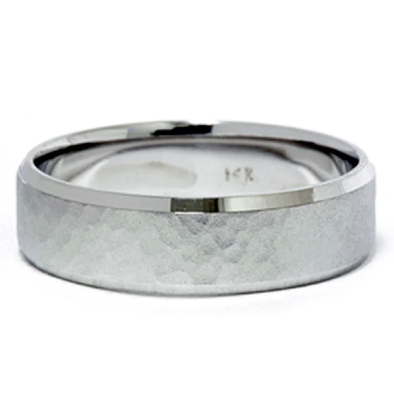 Rings with double bands for modern twist -Mens 14K White Gold Hammered Beveled Wedding Band New Size Selectable