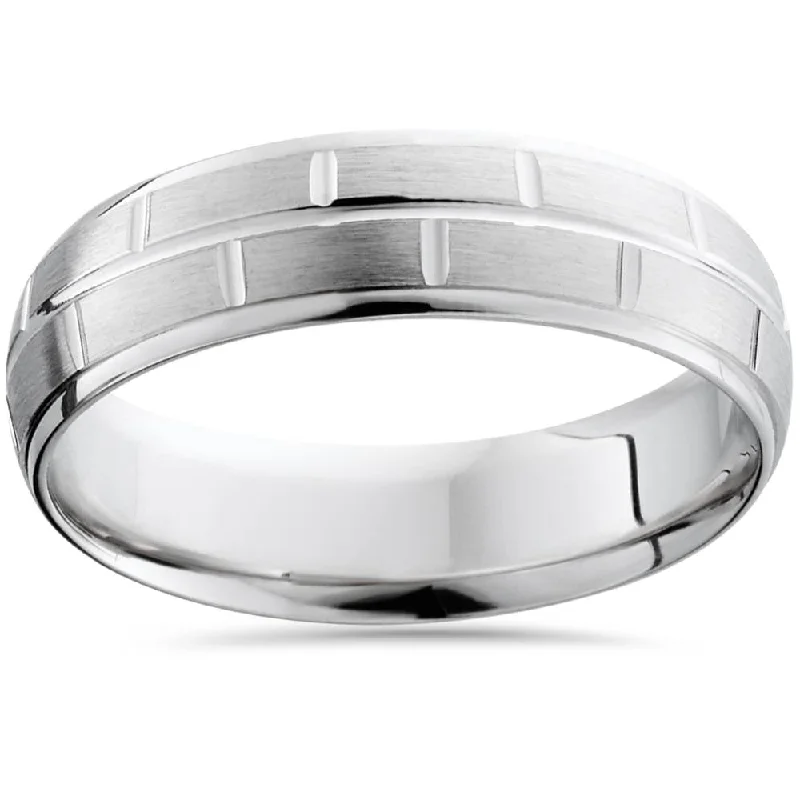 Titanium rings with rugged brushed metal look -Mens 6mm Handmade Brushed Wedding Band 14K White Gold Size Selectable