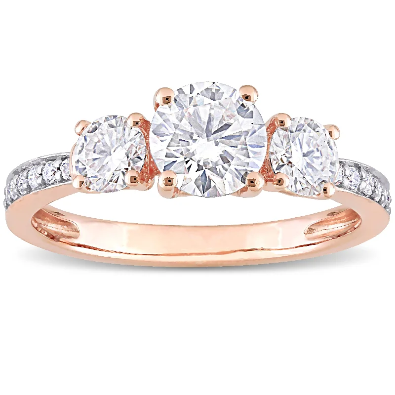 Rings with claw-set moonstone for mystique -Miadora 1 3/8ct DEW Moissanite 3-Stone Engagement Ring in 10k Rose Gold