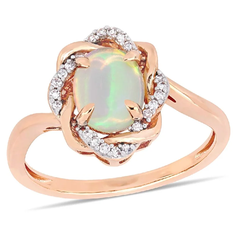 Platinum rings with sparkling sapphire center stones -Miadora 10k Rose Gold Blue Ethiopian Opal and 1/10ct TDW Diamond Ring