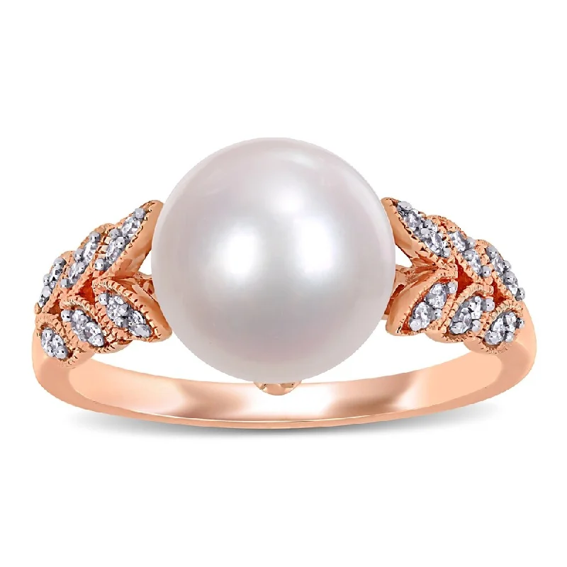 Rings with aquamarine stones for ocean charm -Miadora 10k Rose Gold Cultured FW Pearl and 1/6ct TDW Diamond Leaf Ring (9-10 mm)