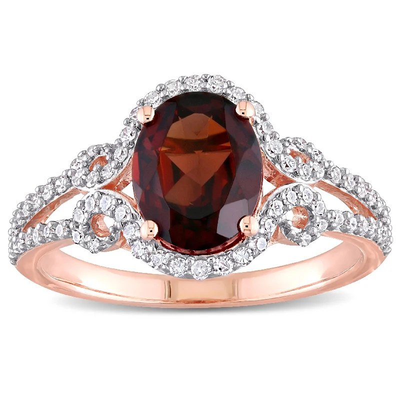 Rings with claw-set moonstone for mystique -Miadora 10k Rose Gold Garnet & 1/3ct TDW Diamond Halo Split Shank Engagement Ring