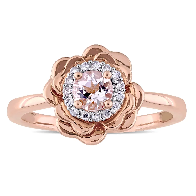 Rings with raw jade for natural calm -Miadora 10k Rose Gold Morganite and 1/10ct TDW Diamond Halo Flower Ring (G-H, I2-I3)