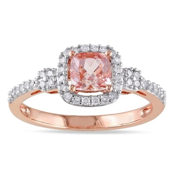 Rings with faceted aquamarine for sea glow -Miadora 10k Rose Gold Morganite and 1/5ct TDW Diamond Halo Ring