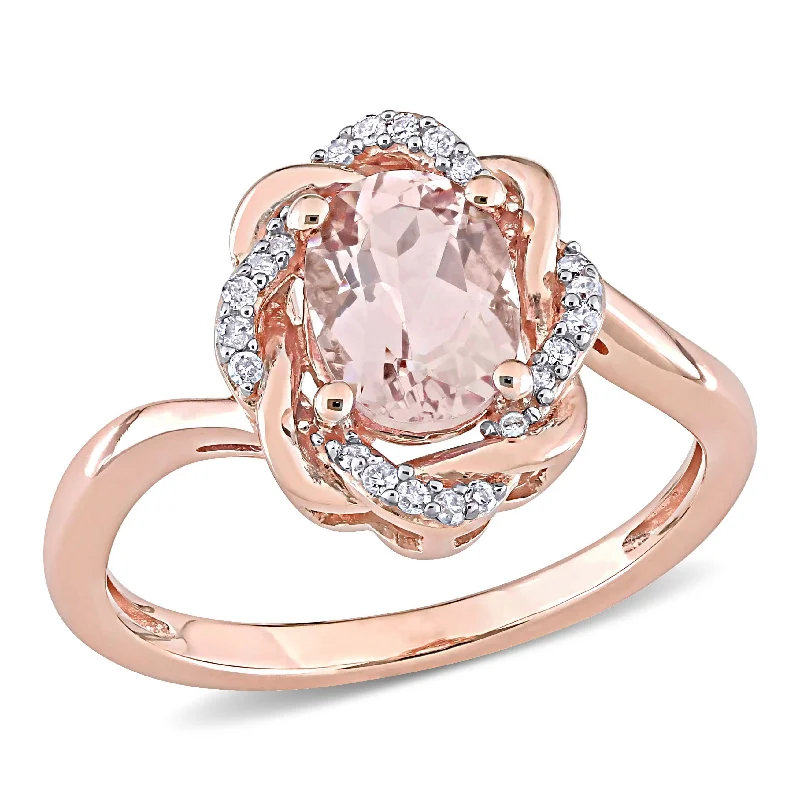 Rings with raw citrine for sunny charm -Miadora 10k Rose Gold Oval-cut Morganite & 1/10ct TDW Diamond Swirl Halo Ring