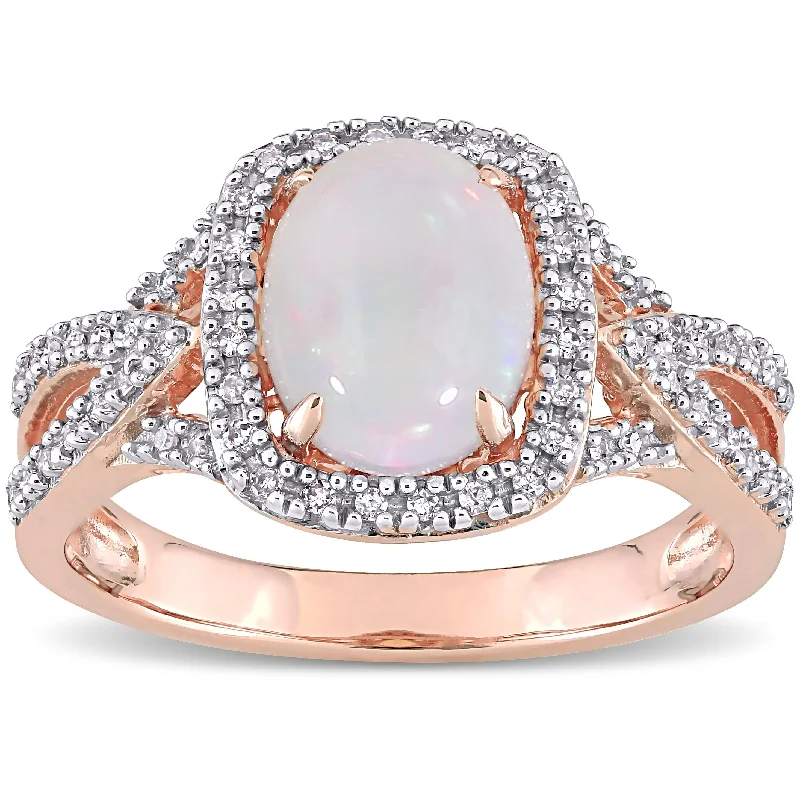 Rings with topaz stones for icy blue -Miadora 10k Rose Gold Oval-cut Opal and 1/6ct TDW Diamond Halo Split Shank Engagement Ring