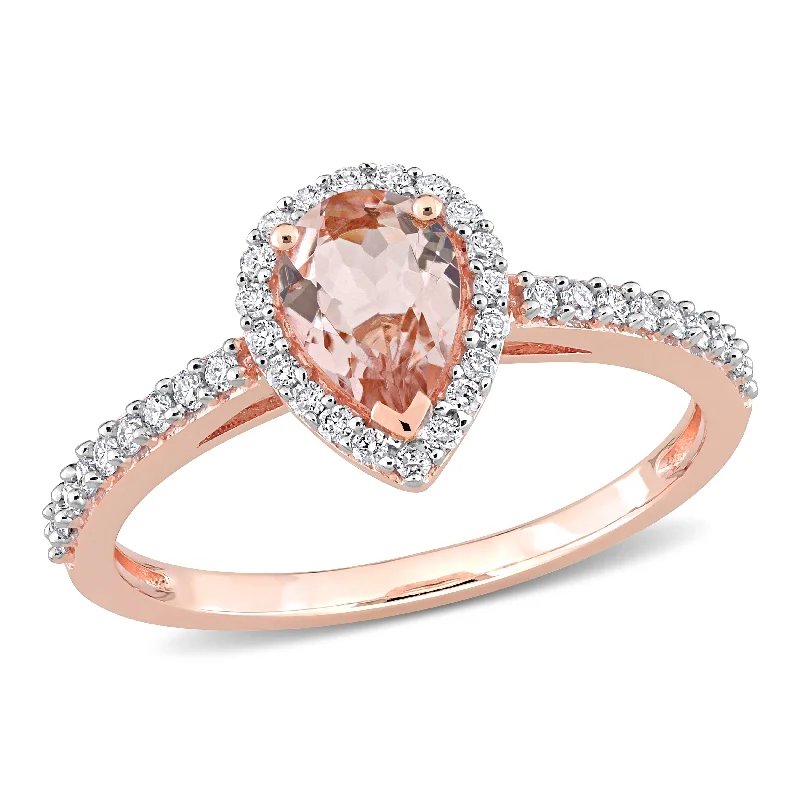 Rings with vine-wrapped bands for nature -Miadora 10k Rose Gold Pear-cut Morganite and 1/4ct TDW Diamond Halo Teardrop Ring