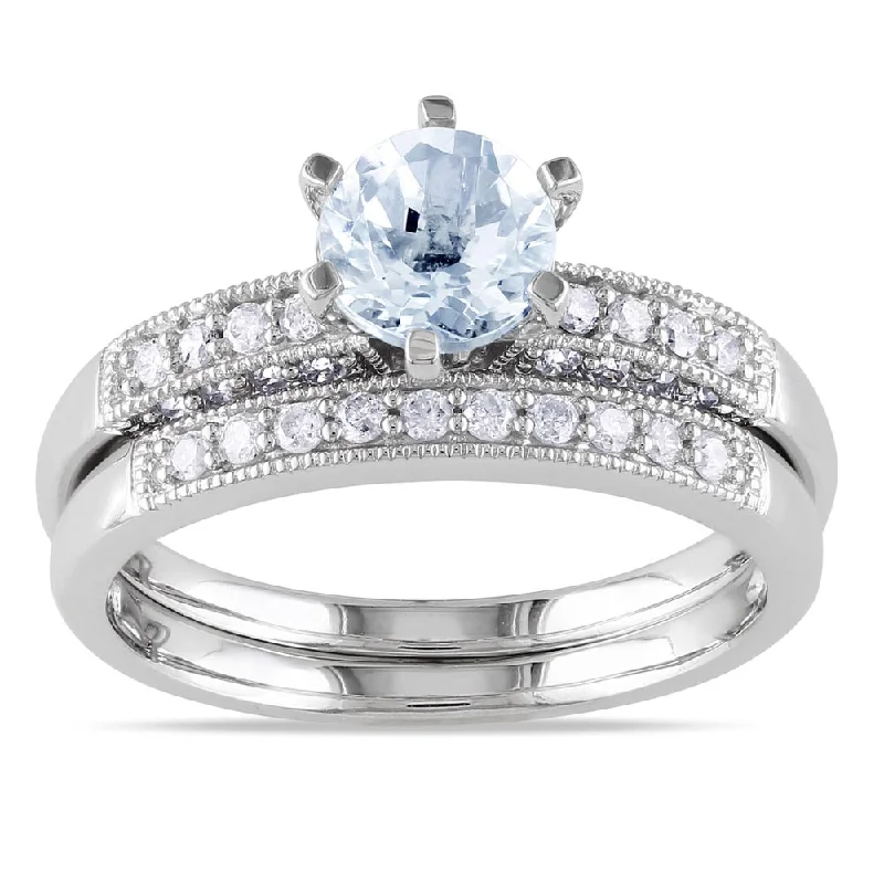 Rings with moonstone gems for ethereal glow -Miadora 10k White Gold Aquamarine 1/3ct TDW Diamond Bridal Ring Set