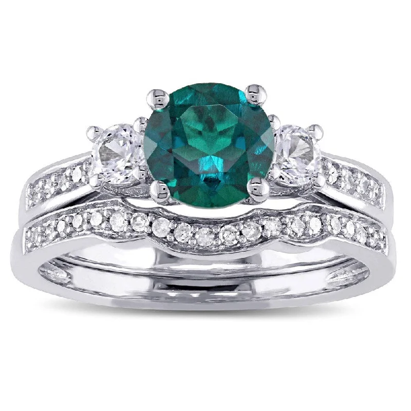 Rings with rough sapphire for rugged chic -Miadora 10k White Gold Created Emerald, White Sapphire, and Diamond 1/6ct TDW Bridal Ring Set (G-H, I2-I3) - Green