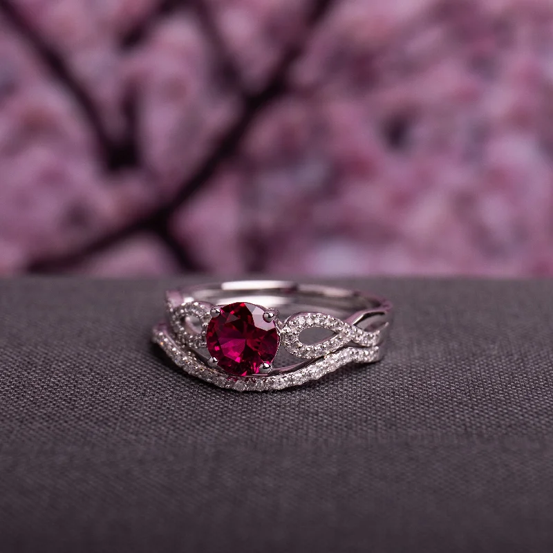 Rings with sunstone gems for fiery sparkle -Miadora 10k White Gold Created Ruby and 1/6ct TDW Diamond Bridal Ring Set