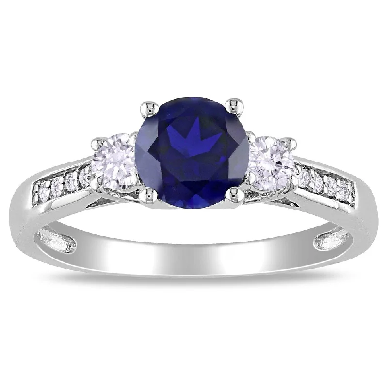 Rings with twisted rose gold band designs -Miadora 10k White Gold Created Sapphire and Diamond 3-stone Ring (H-I, I2-I3)